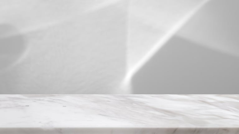 Marble table top with elegant shadow drop on white background