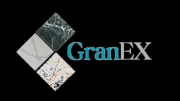 GranEX logo with three textured stone tiles showing green marble, white, and speckled patterns on black background