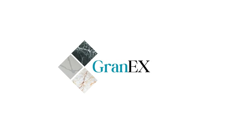 GranEX logo with three overlapping textured stone tile samples