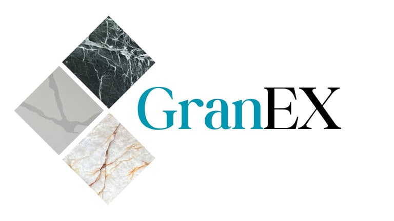 GranEX logo with stacked marble tiles in green, gray, and beige